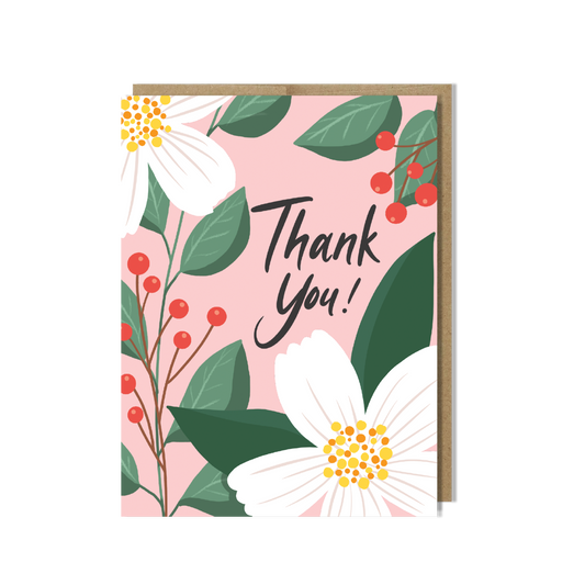 Thank you card with white flowers and leaves design