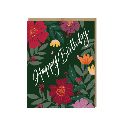 Happy birthday card with flowers and leaves on dark green background