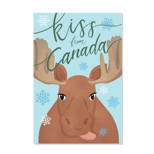 A moose licking snowflakes postcard with calligraphy kiss from Canada