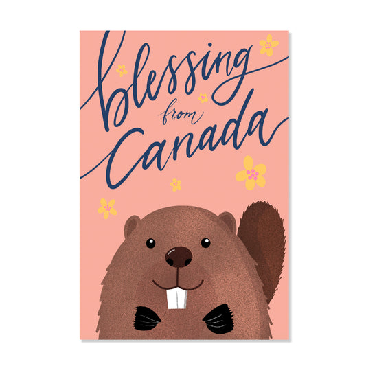 postcard of cute beaver with yellow flowers and calligraphy message blessing from Canada