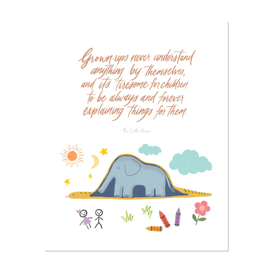 Art print with elephant inside a snake with children drawing with Little Prince quote about grown-ups