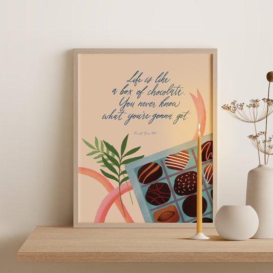 Framed Art print Forrest Gump life is like chocolate movie quote with drawing and calligraphy
