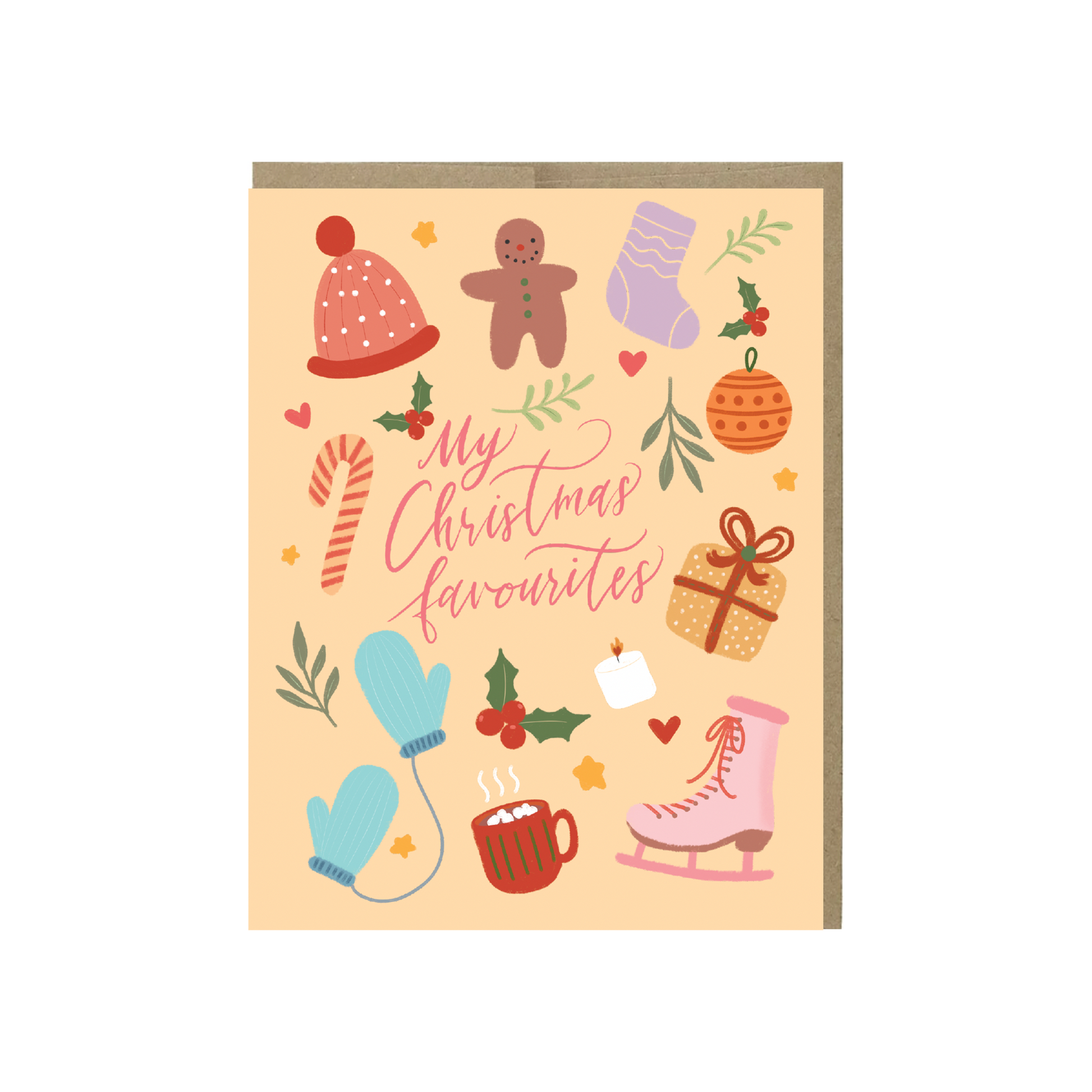 My Christmas favourites card with calligraphy and drawing